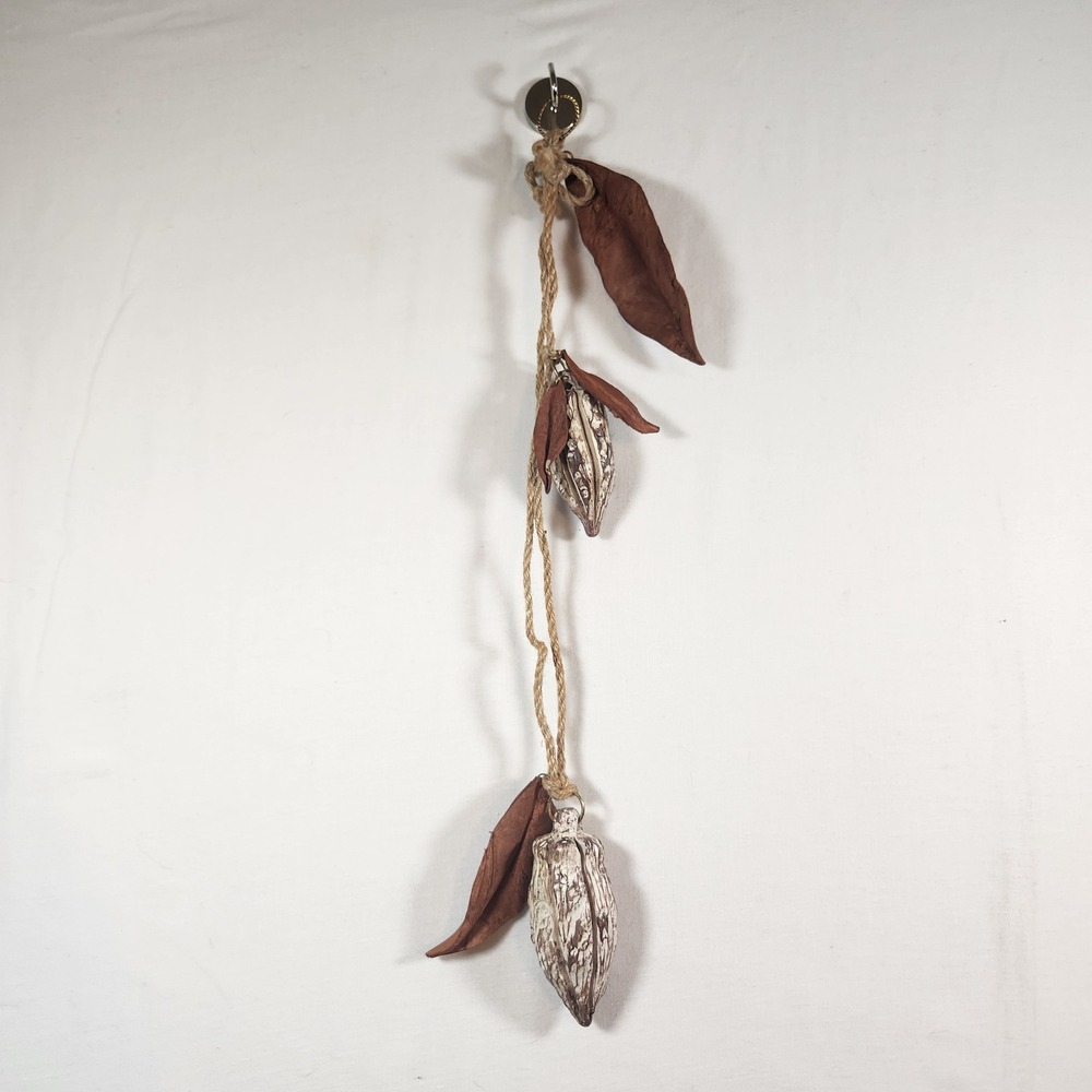 Handmade Ceramic Cacao Pod Wall Hanging Decor Leather Leaves Jute Rope 20 Inch